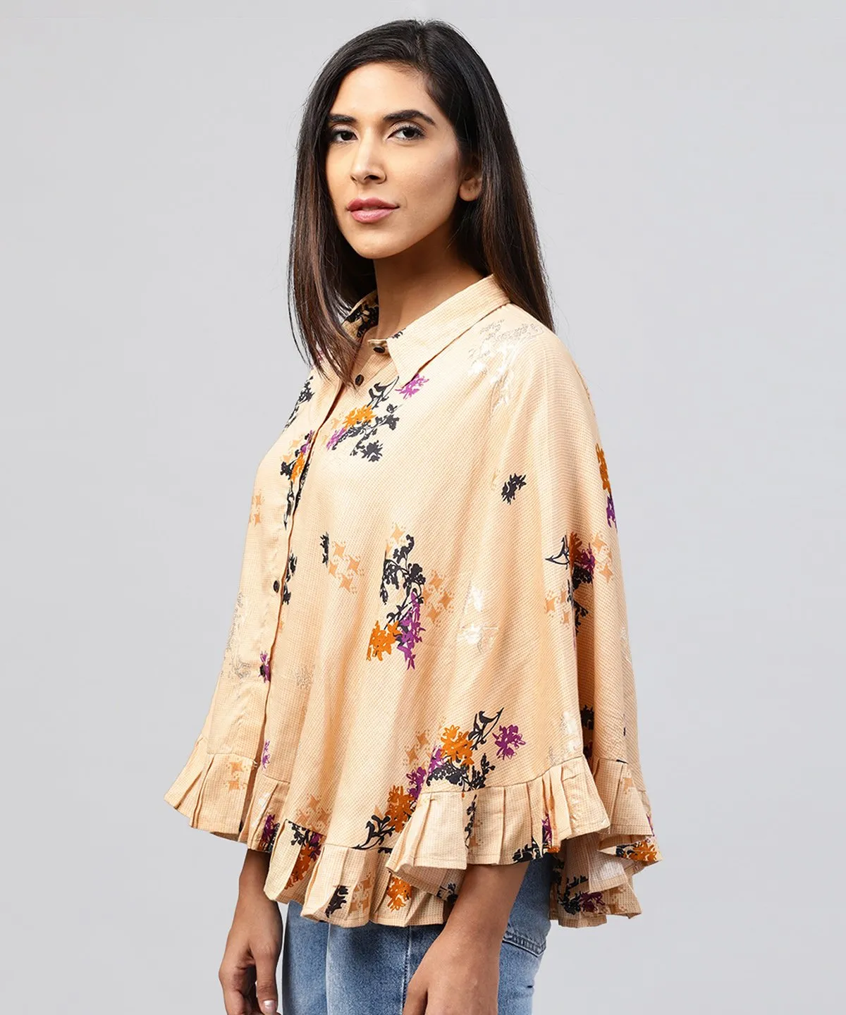 Yellow Front Open Banglori Printed Poncho Tops