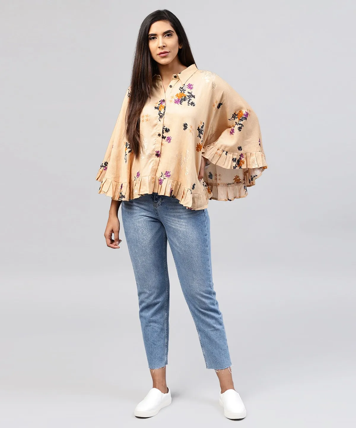 Yellow Front Open Banglori Printed Poncho Tops