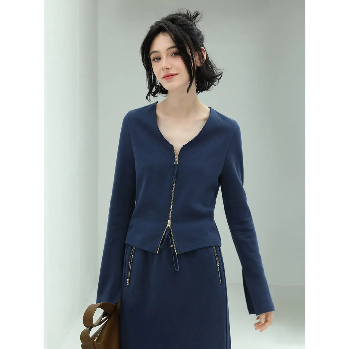 Youthful Collarless Double Zip Knitted Navy Jacket