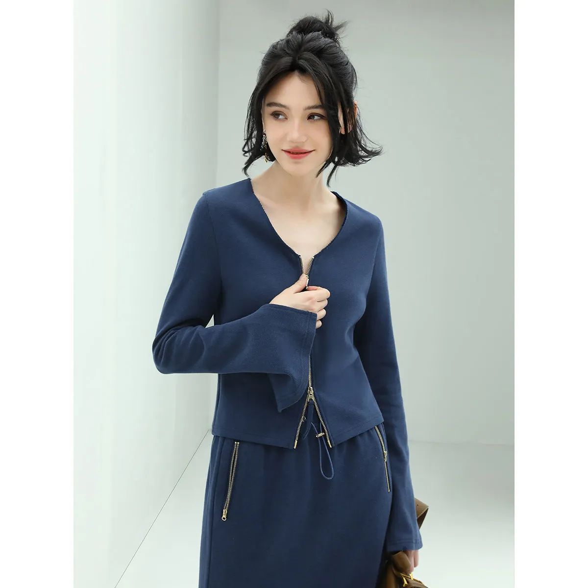 Youthful Collarless Double Zip Knitted Navy Jacket