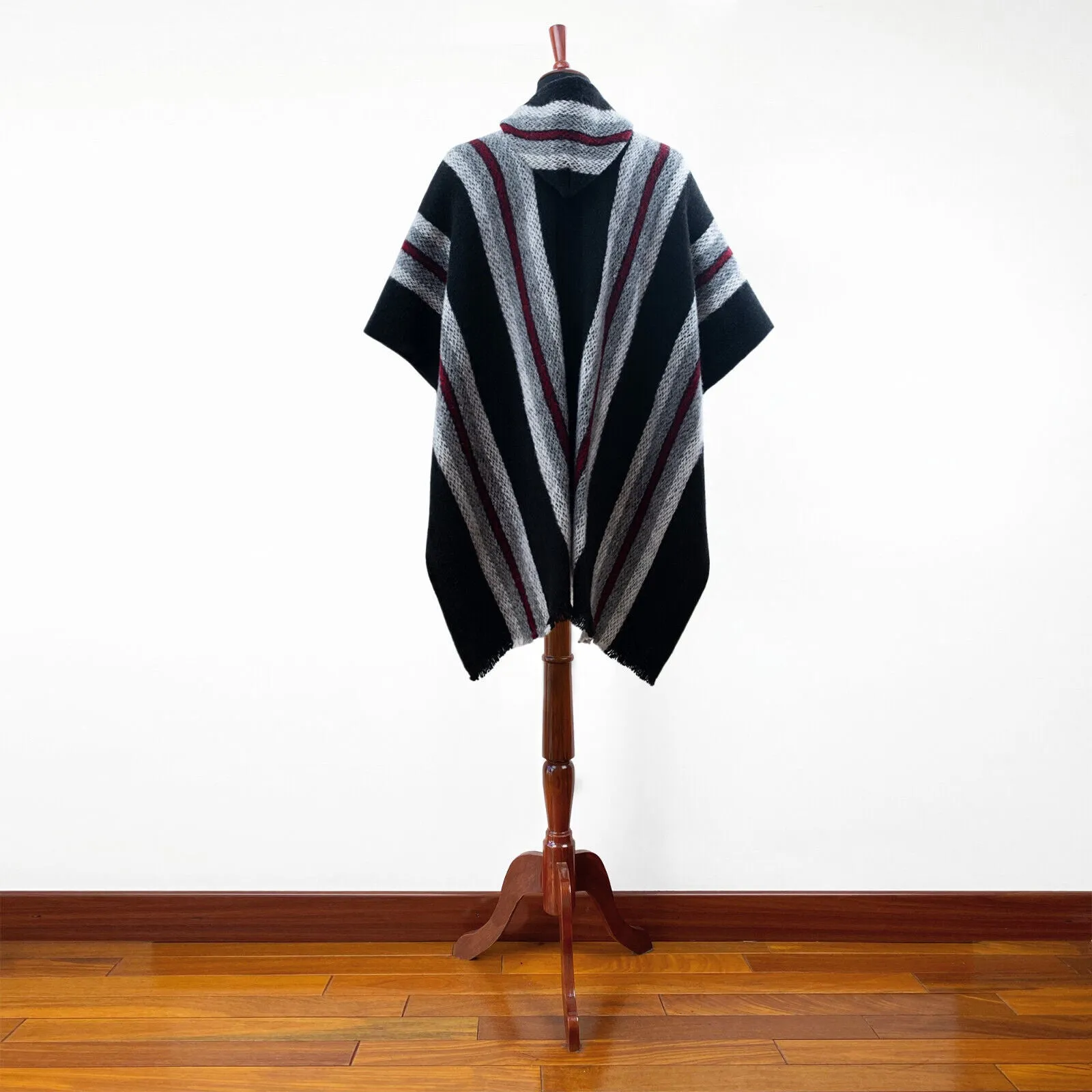 Zhocopa - Llama Wool Unisex South American Handwoven Hooded Poncho - black striped pattern