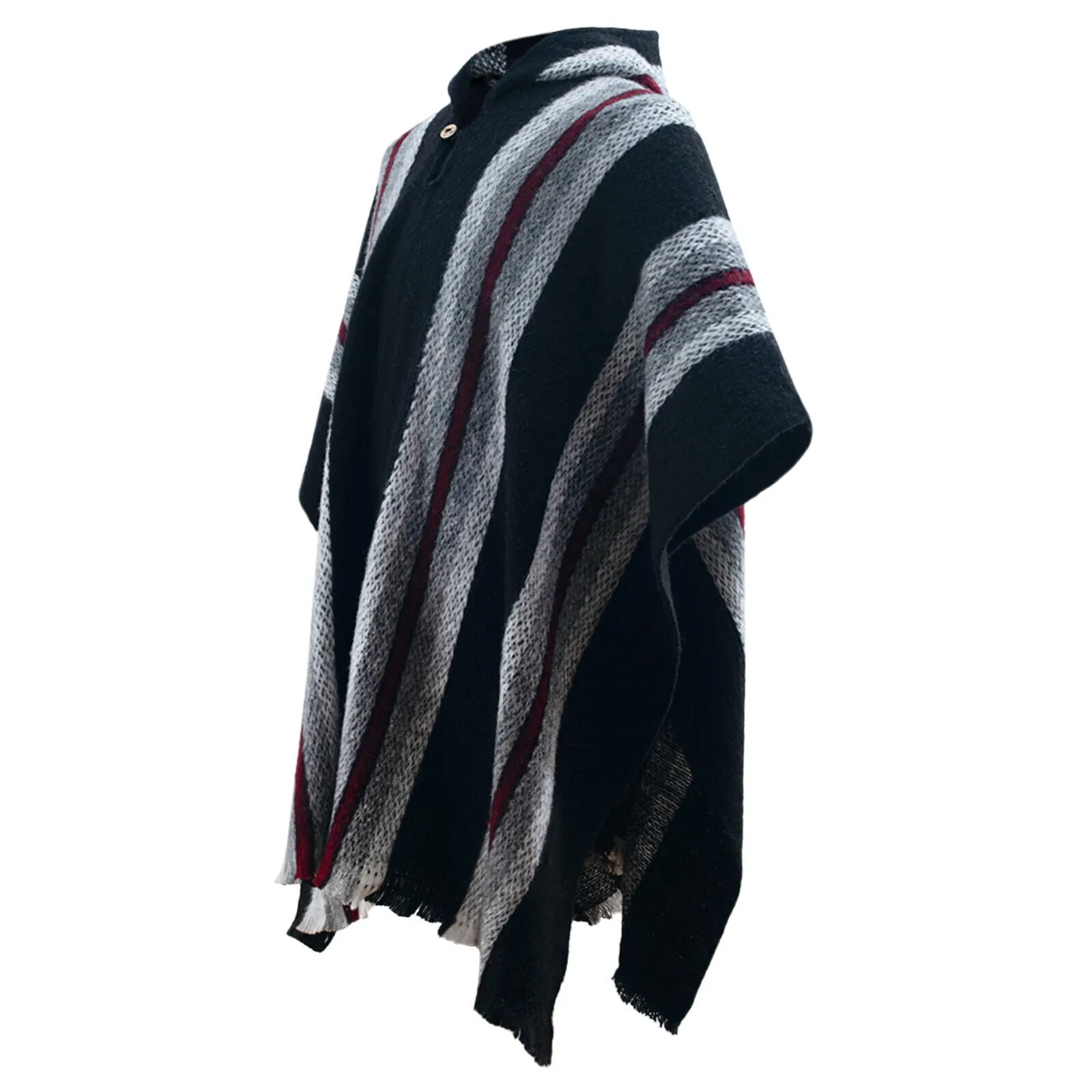 Zhocopa - Llama Wool Unisex South American Handwoven Hooded Poncho - black striped pattern