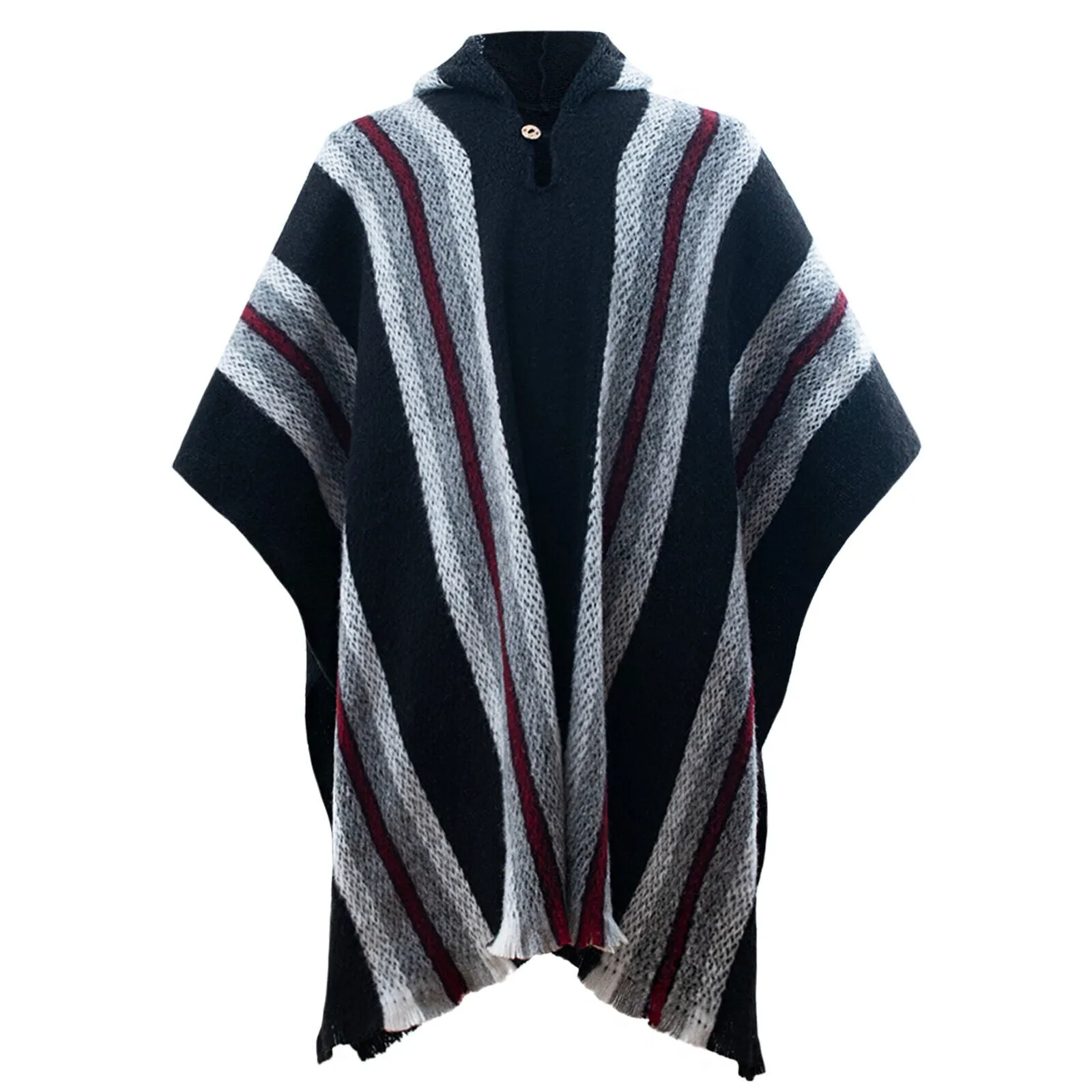 Zhocopa - Llama Wool Unisex South American Handwoven Hooded Poncho - black striped pattern