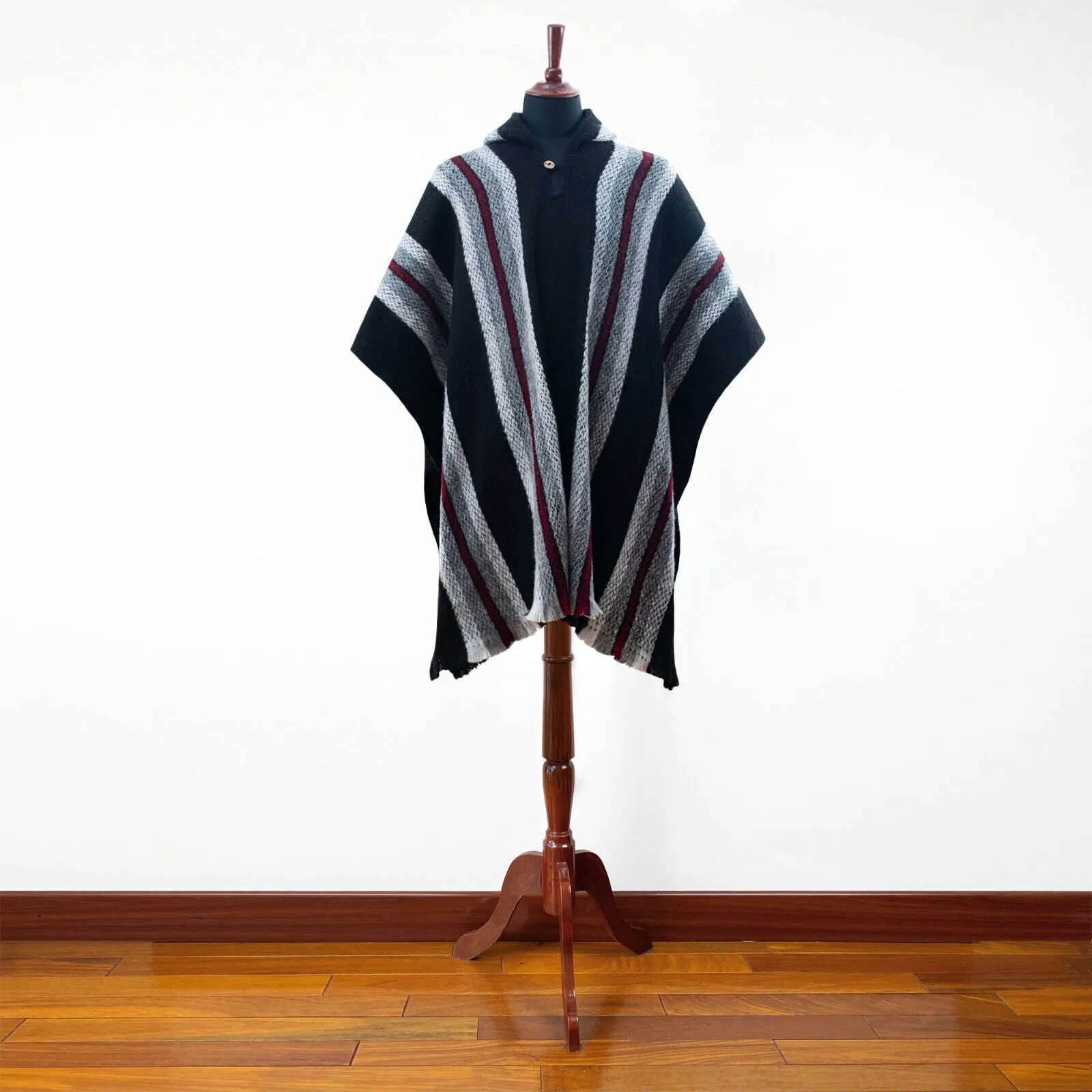 Zhocopa - Llama Wool Unisex South American Handwoven Hooded Poncho - black striped pattern