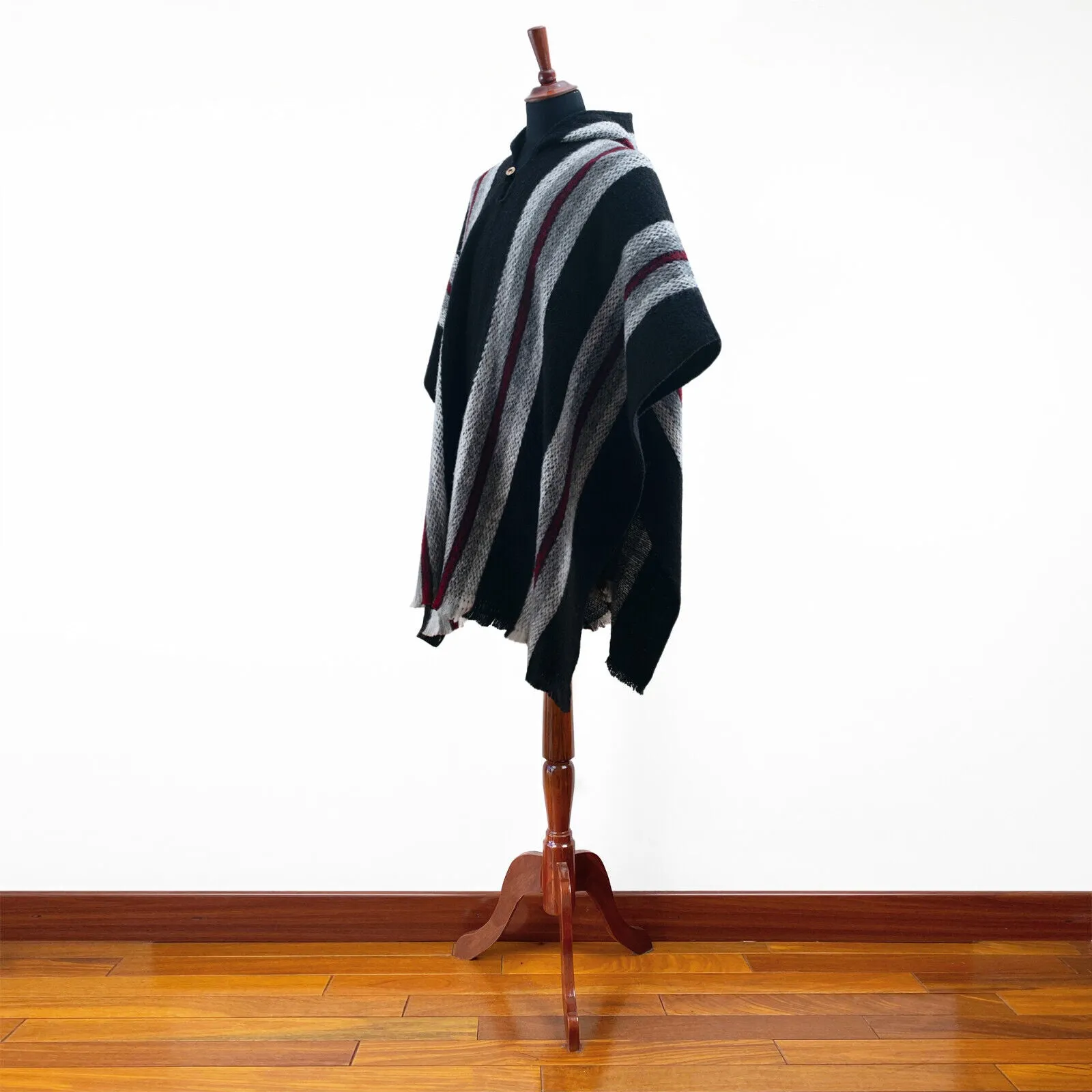 Zhocopa - Llama Wool Unisex South American Handwoven Hooded Poncho - black striped pattern