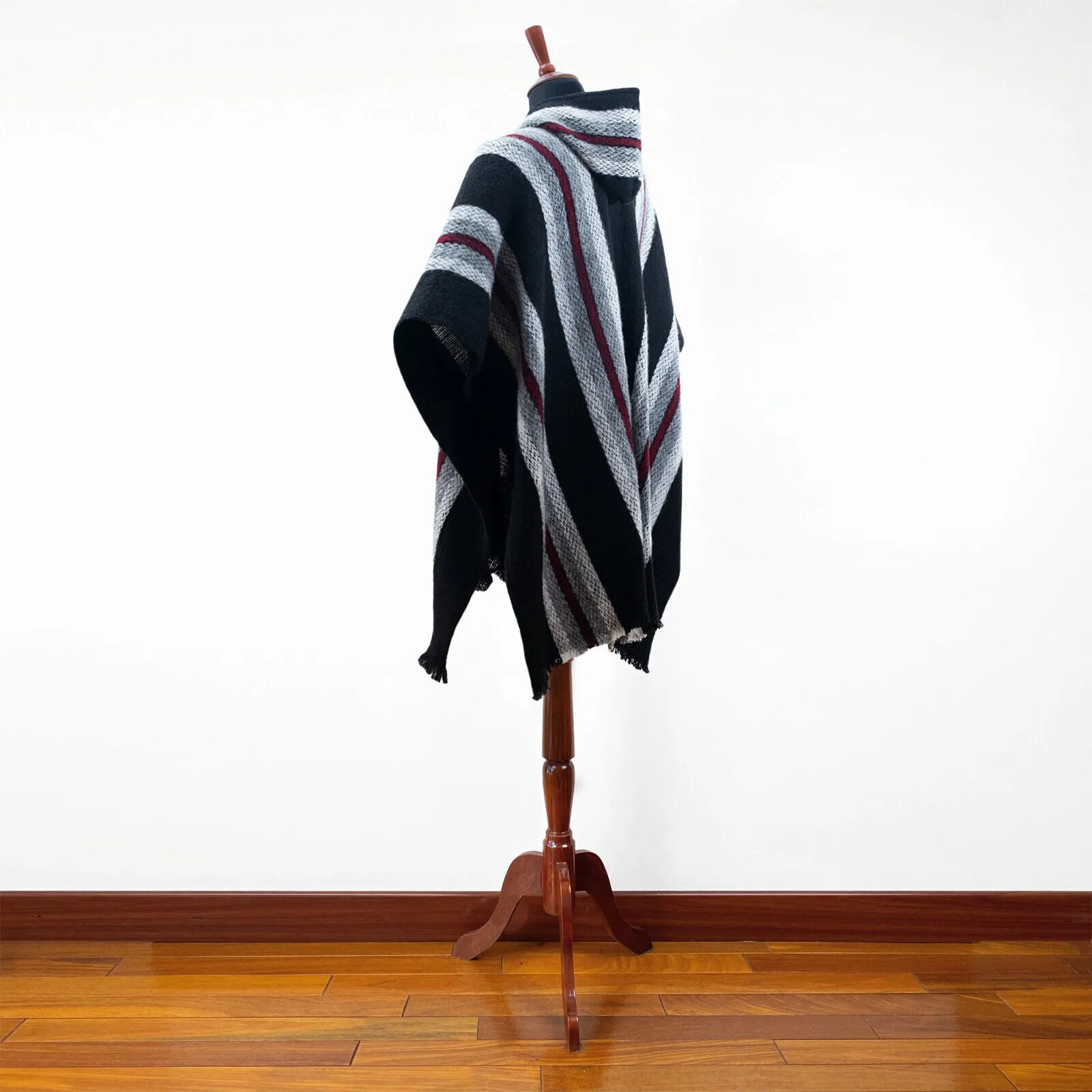 Zhocopa - Llama Wool Unisex South American Handwoven Hooded Poncho - black striped pattern